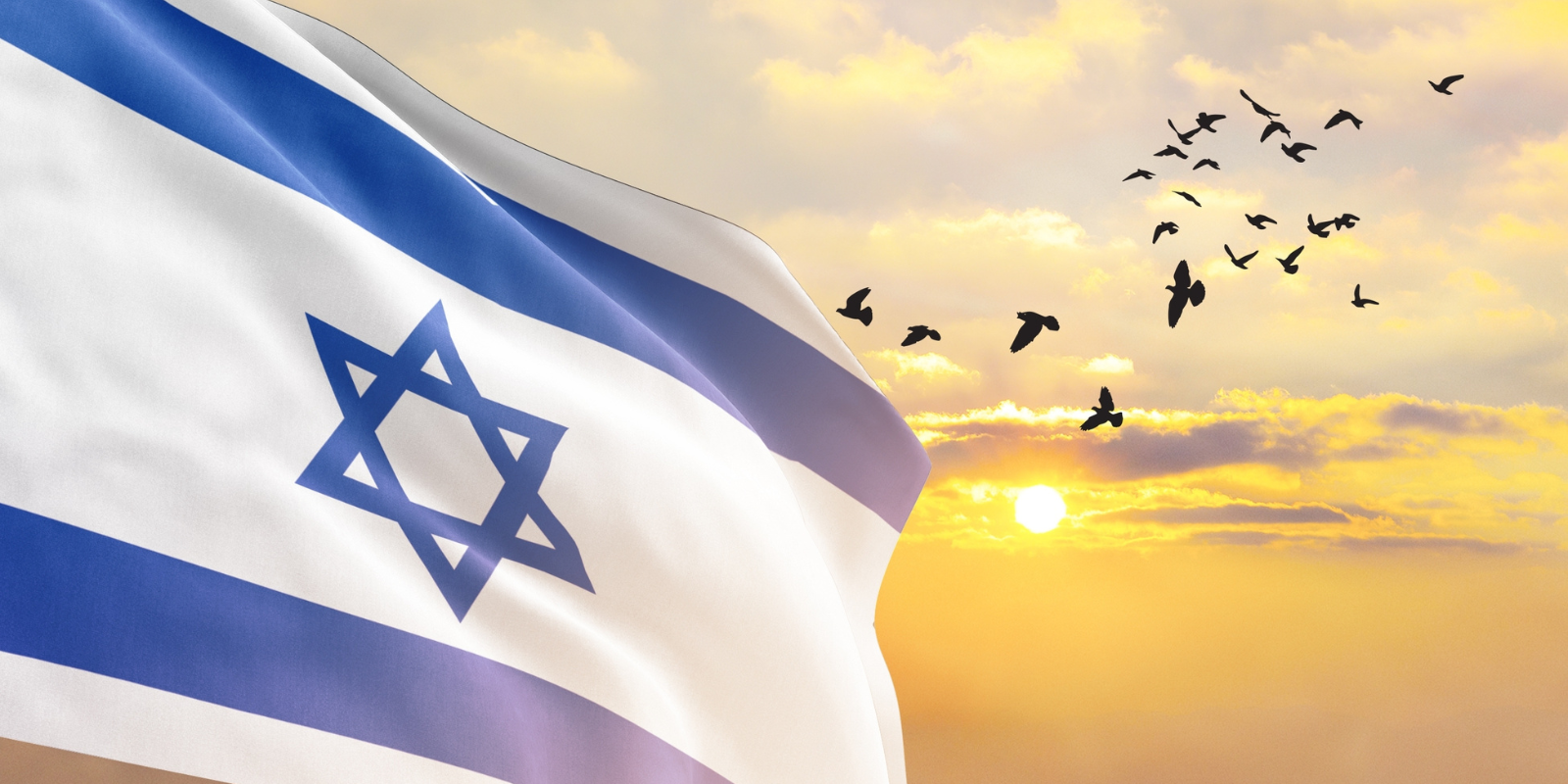 The Israeli flag waves as birds fly overhead (Mini Onion, Shutterstock.com)