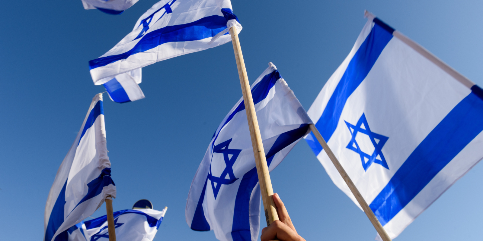 Israeli flags being held aloft (Yehoshua Halevi, Shutterstock.com)
